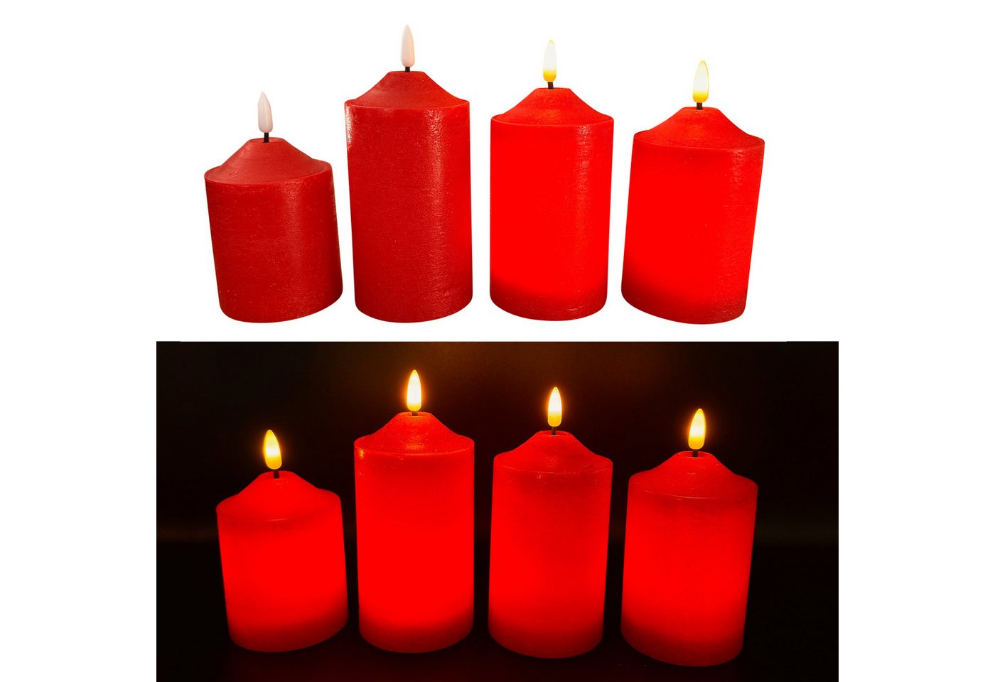 Online-Fuchs LED-Kerze 4 er Set LED-Spitzkerzen mit Fernbedienung und Timerfunktion (Rot, Silber, Roségold, Champagner, Taubenblau und Weiß, realistische Flamme), Kerzen für Weihnachten, Adventskranz von Online-Fuchs