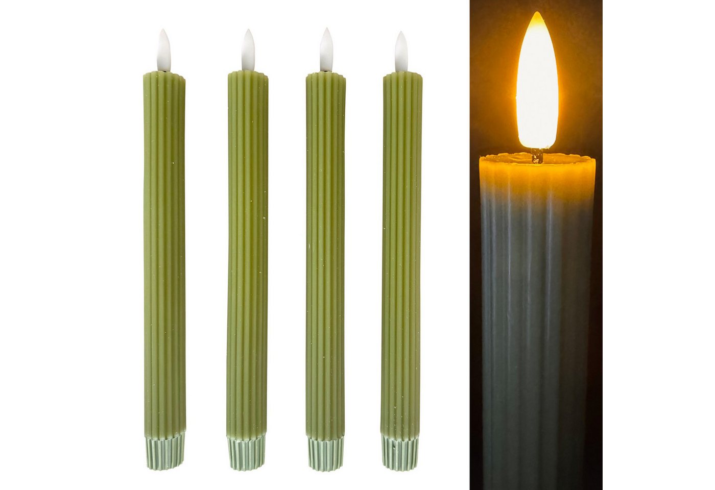 Online-Fuchs LED-Kerze 4 moderne LED Stabkerzen im Set aus Echtwachs mit Timer (Creme, Hellblau, Grün, Koralle, Pflaume, Grau, 473451), modernes Rillen-Design - Touch-Funktion zum An- und Ausschalten von Online-Fuchs