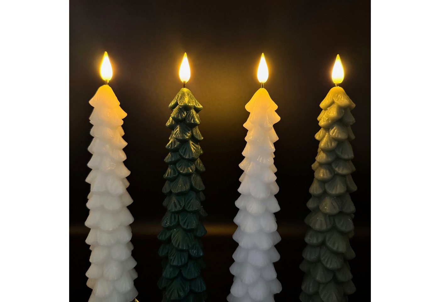 Online-Fuchs LED-Kerze 4er Set LED Stabkerzen in Tannenbaumoptik mit 6-Stunden Timer (Creme, Weiß und Grün, realistische Kerzenflamme), aus Echtwachs gefertigt von Online-Fuchs