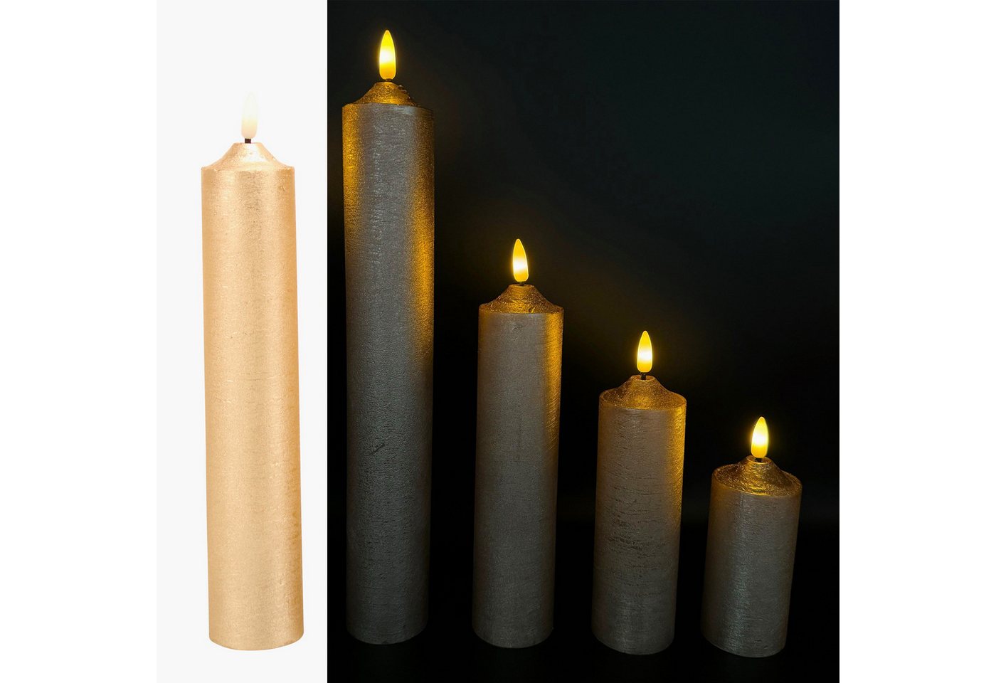 Online-Fuchs LED-Kerze 5 LED Kerzen XL aus Echtwachs mit realistischer Flamme (Metallic Farben in Rot, Silber, Weiß, Rosé, Taubenblau & Champagner -, bis 34 cm lang, 5 cm Durchmesser), NUR MIT 6 STUNDEN TIMER NUTZBAR von Online-Fuchs