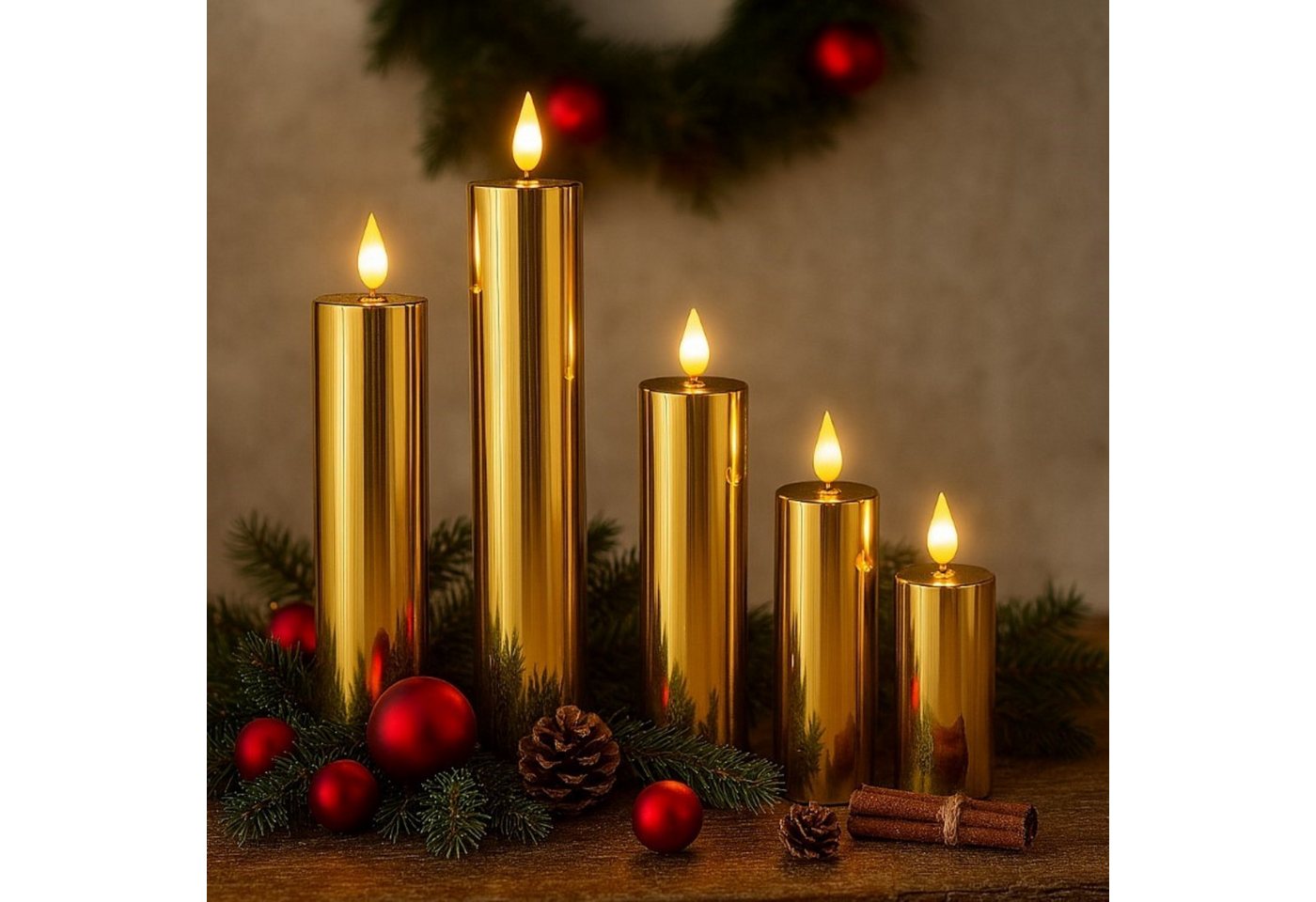 Online-Fuchs LED-Kerze 5er Set LED Kerzen XL mit 6-Stunden Timer und Hochglanz Oberfläche (für draußen, Silber, Gold, Roségold), Outdoor geeignet - Herbst, Winter, Weihnachten von Online-Fuchs