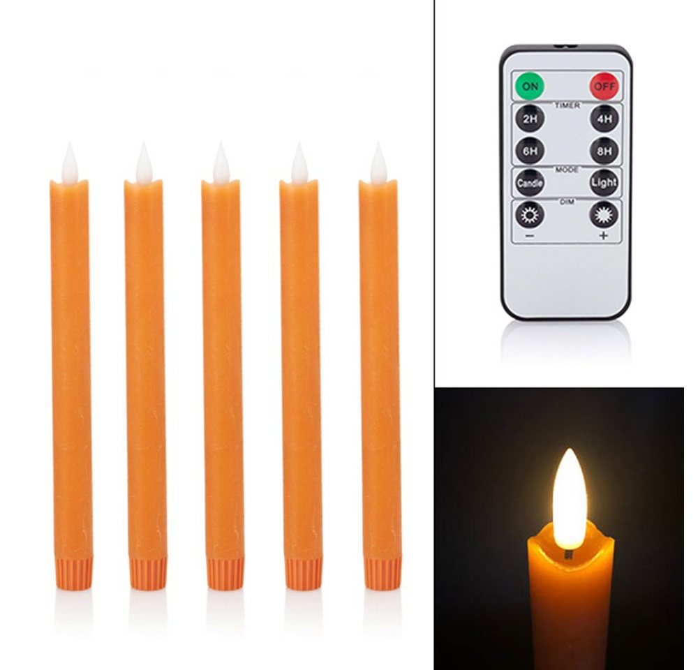 Online-Fuchs LED-Kerze 5er Set LED Stabkerzen mit Echtflamme Fernbedienung Farbe wählbar (Apricot, Silber oder Roségold, mit Silikonverschluss (konisch von 1,9 auf 2,1 cm verlaufend), Höhe ca. 24,5 cm, 6-Stunden-Timer, Helligkeit in 5 Stufen regulierbar von Online-Fuchs