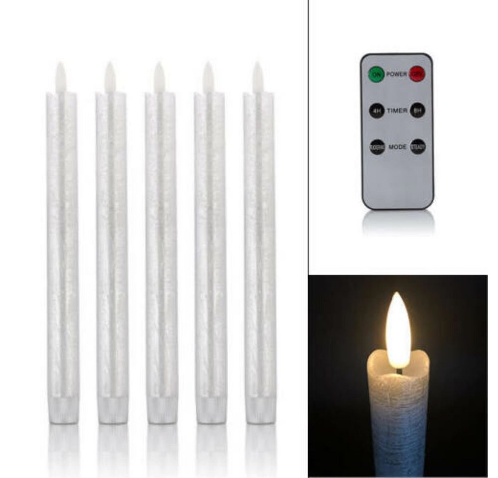 Online-Fuchs LED-Kerze 5er Set LED Stabkerzen mit Echtflamme Fernbedienung Farbe wählbar (Apricot, Silber oder Roségold, mit Silikonverschluss (konisch von 1,9 auf 2,1 cm verlaufend), Höhe ca. 24,5 cm, 6-Stunden-Timer, Helligkeit in 5 Stufen regulierbar von Online-Fuchs