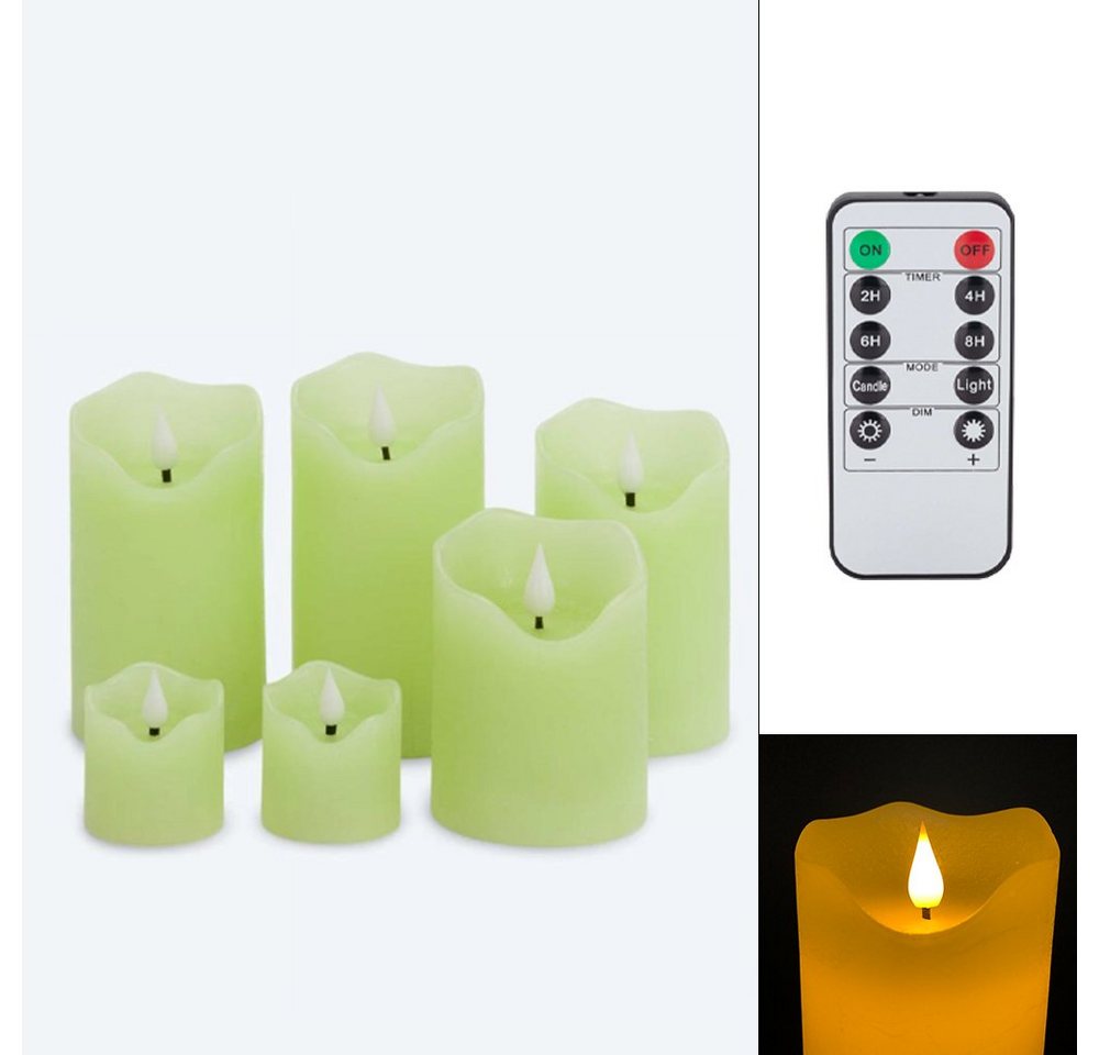 Online-Fuchs LED-Kerze 6er Set LED-Kerzen aus Echtwachs mit Dimmer, Timer und Fernbedienung (Flackern oder Standlicht wählbar, Koralle, Gelb und Hellgrün), 10 bis 14 cm groß von Online-Fuchs