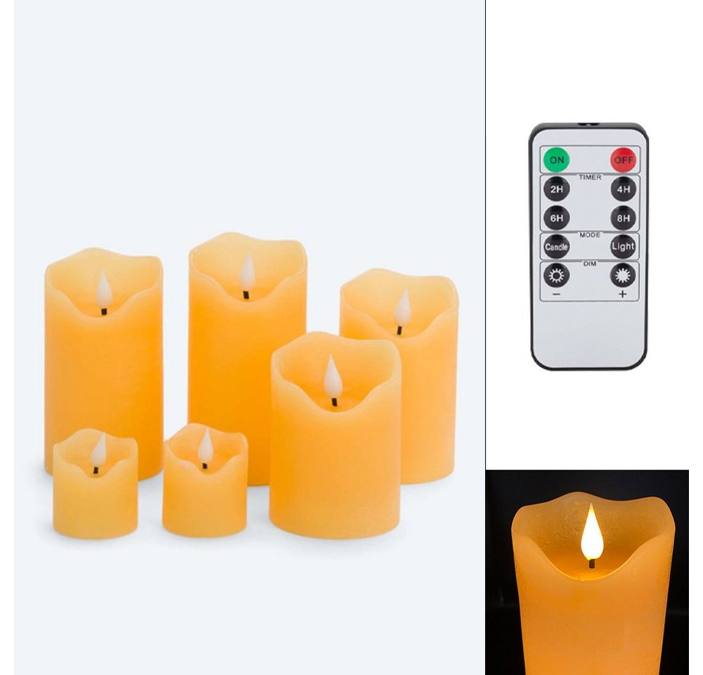 Online-Fuchs LED-Kerze 6er Set aus Echtwachs mit Dimmer, Timer, Fernbedienung Farbe wählbar (Helligkeit in 6 Stufen wählbar, Flackern oder Standlicht wählbar, Creme, Koralle, Hellgrün, Gelb, Apricot, Silber, Grau), Maße: 10, 12, 13 und 14 x 7,5 cm sowie 5 x 4,7 cm, Echtwachs von Online-Fuchs