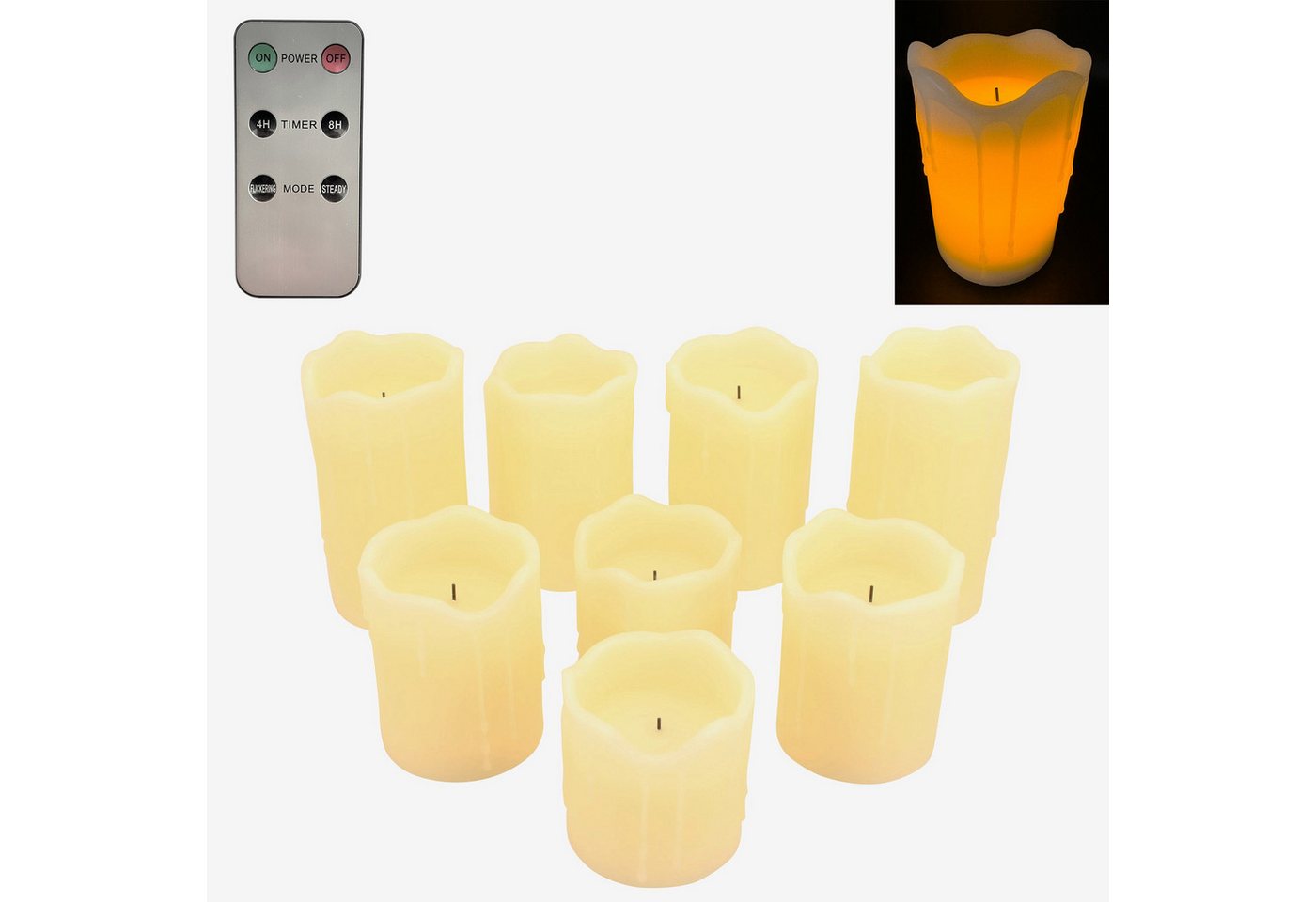 Online-Fuchs LED-Kerze 8er Set LED Kerzen mit Wachstropfen, Fernbedienung und Timer - (Creme, Weiß, Rosa und Salbei Grün -, Aus Echtwachs gefertigt), 6-Stunden-Timerfunktion - 168 von Online-Fuchs