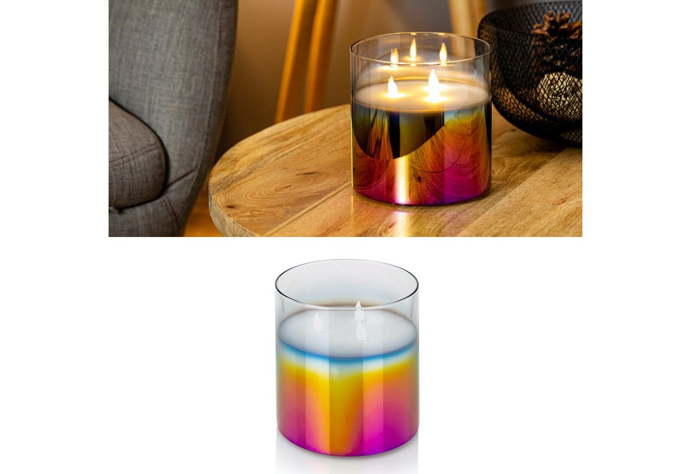 Online-Fuchs LED-Kerze im Glas mit 3 beweglichen Flammen, aus Echtwachs (inkl. 6-Stunden-Timer, Glas schimmert in Regenbogen-Farben), Maße: 15 x 15 cm von Online-Fuchs