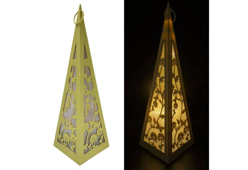 Online-Fuchs LED Laterne Pyramide mit Schmetterlingen & Blumen für draußen - Outdoor, LED-Lichterkette mit Dauerleuchten oder Funkeleffekt, 30 warmweiße LED´s, inklusive 6-Stunden Timer - Gartendeko von Online-Fuchs