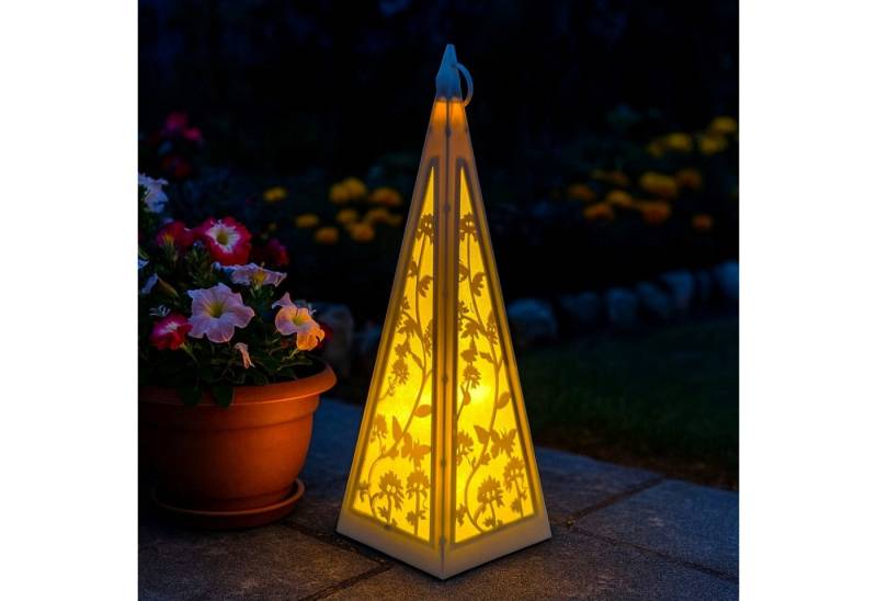 Online-Fuchs LED Laterne Pyramide mit Schmetterlingen & Blumen für draußen - Outdoor, LED-Lichterkette mit Dauerleuchten oder Funkeleffekt, 30 warmweiße LED´s, inklusive 6-Stunden Timer - Gartendeko von Online-Fuchs