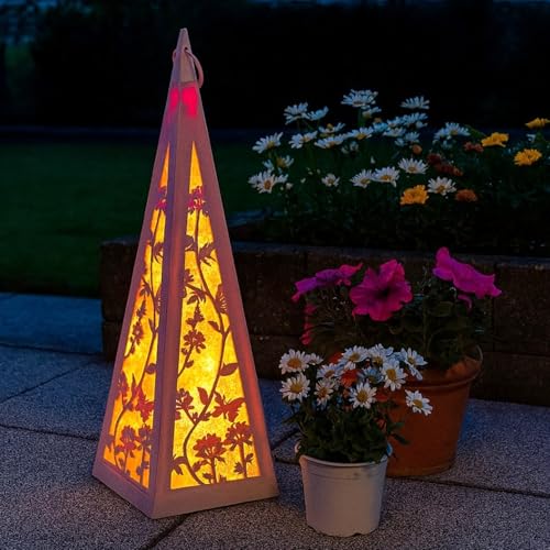 Online Fuchs LED Laterne Pyramide mit Schmetterlingen & Blumen inklusive 6-Stunden Timer - Outdoor geeignet - LED-Lichterkette mit Dauerleuchten oder Funkeleffekt - Gartendeko für draußen (Rosa) von Online Fuchs