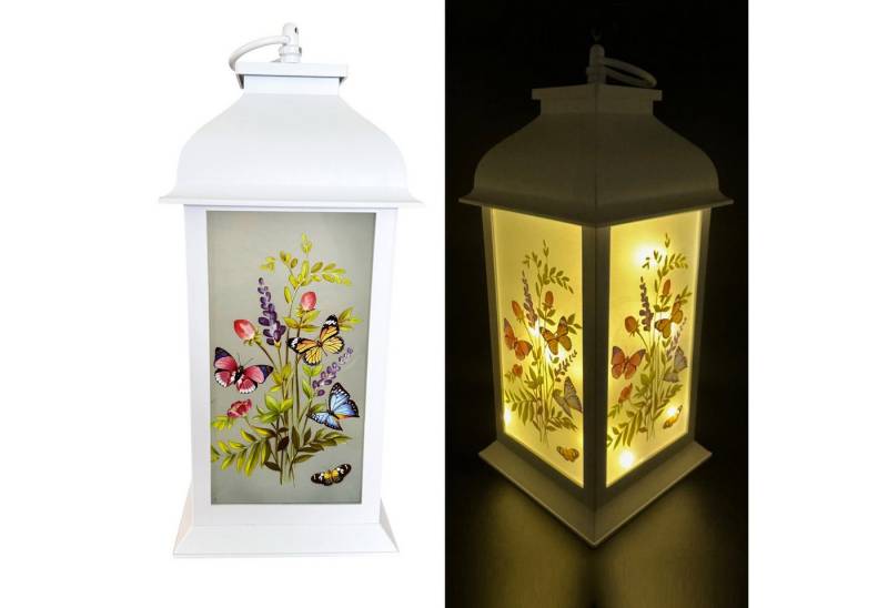 Online-Fuchs LED Laterne mit Lichterkette und buntem Blumen & Schmetterlings Dekor -, Weiß, Warmweiß, 6 Stunden Timer von Online-Fuchs