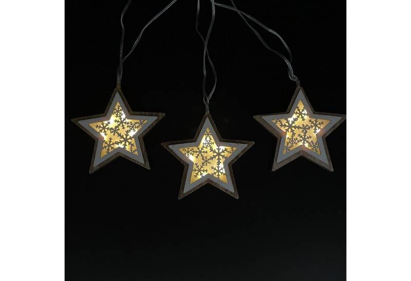 Online-Fuchs LED-Lichterkette mit 10 Sternen aus Holz im Schneeflocken-Design inkl. Timer, Gesamtlänge 270 cm, 10 Sterne mit je 5 LED's, Abstand ca. 25 cm von Online-Fuchs