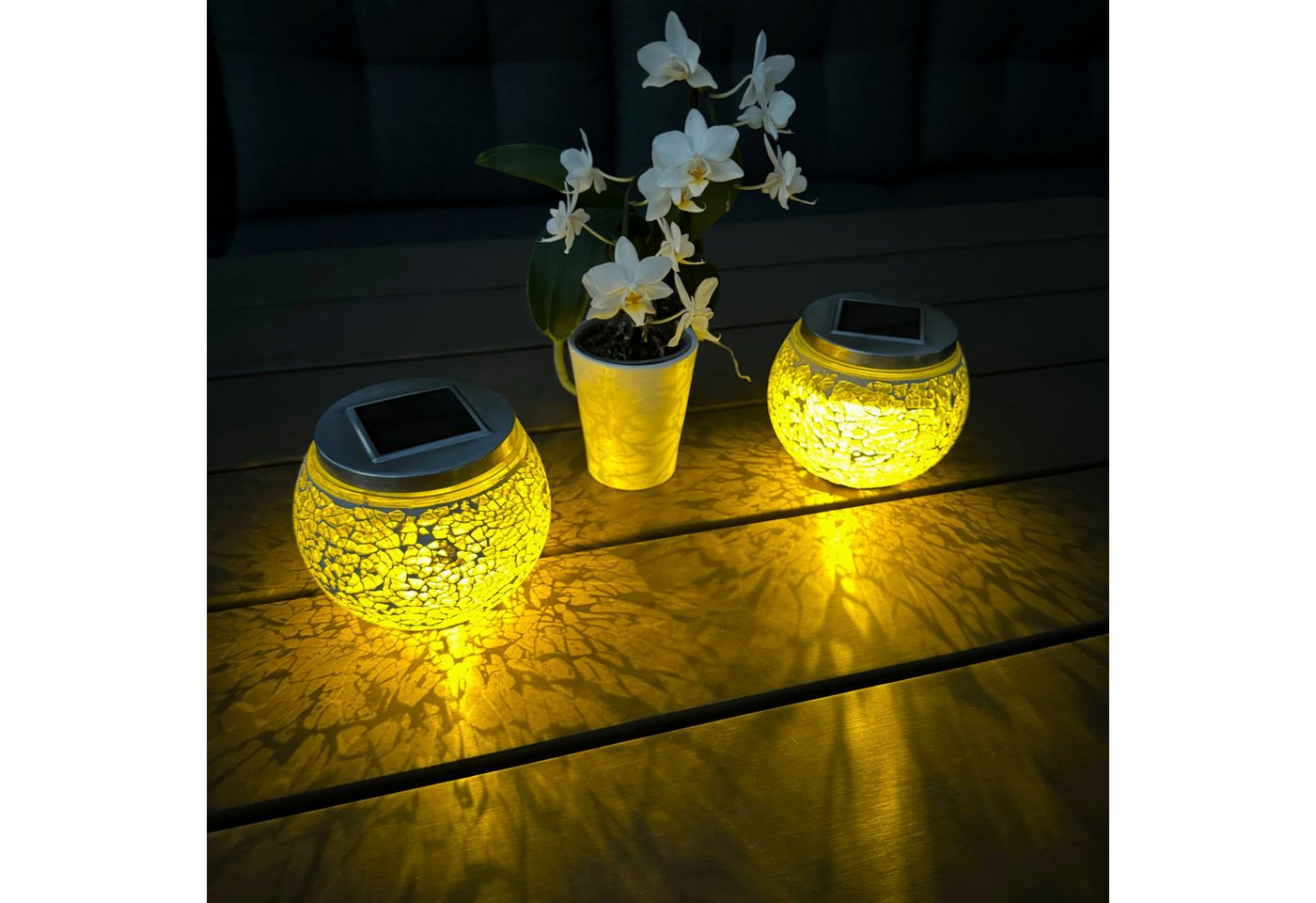 Online-Fuchs LED Solarleuchte 2 LED Tischlampen aus Mosaik Glas mit Lichterkette - Solarleuchten, Deko für Garten, Balkon, Terrasse, warmweiß, Tischleuchten, 11 cm groß von Online-Fuchs