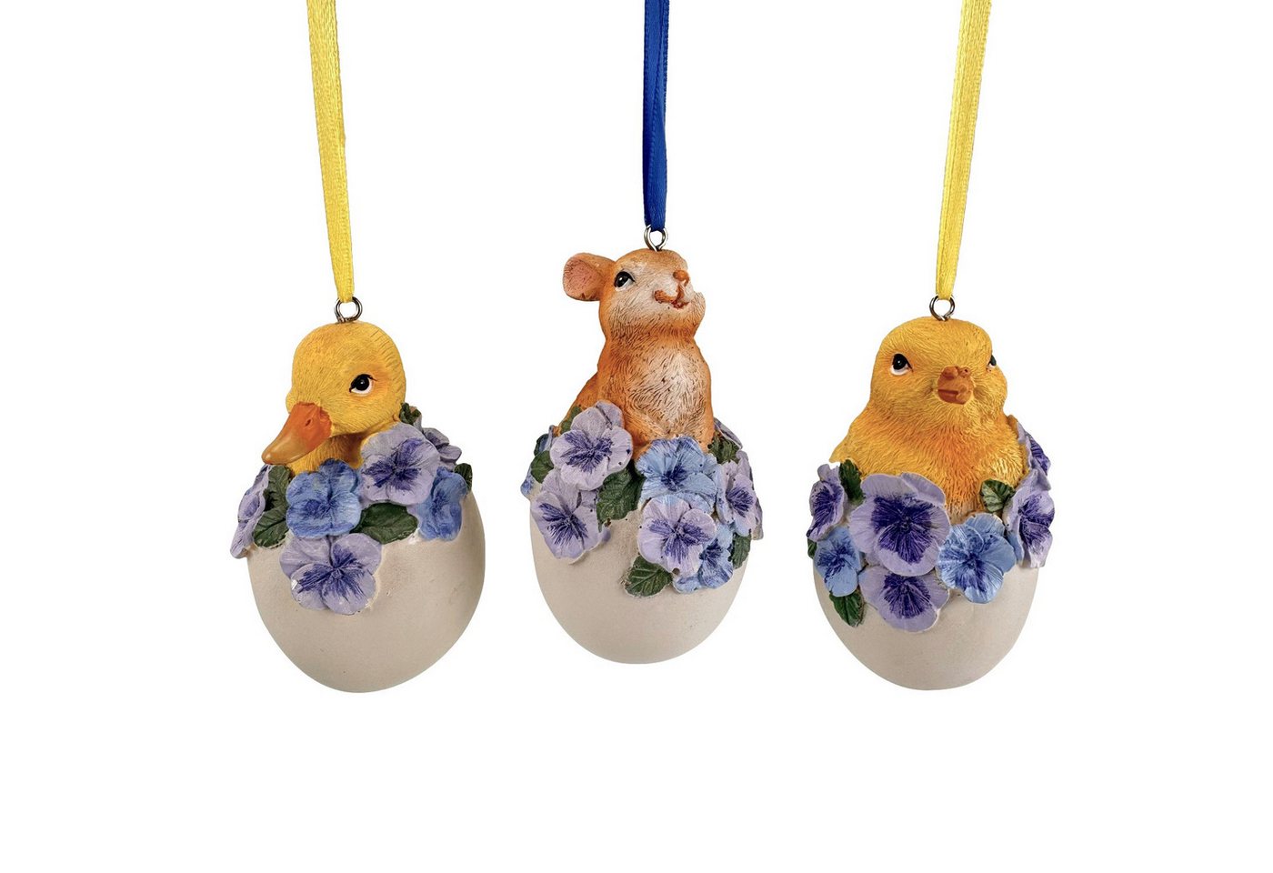 Online-Fuchs Osterei - 3 süße Ostereier mit Hasen, Küken und Ente zum Aufhängen - Osterdeko (Deko Figuren für Frühling & Ostern, 3er Set), Figuren aus langlebigem Polyresin mit feiner Bemalung von Online-Fuchs