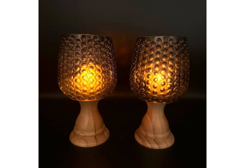 Online-Fuchs Teelichthalter - 2 Kerzenständer aus Holz und Glas für Teelichter und kleine Kerzen (2er Set, neutral ganzjährig dekorierbar), Glas im Bubble-Effekt gehalten von Online-Fuchs