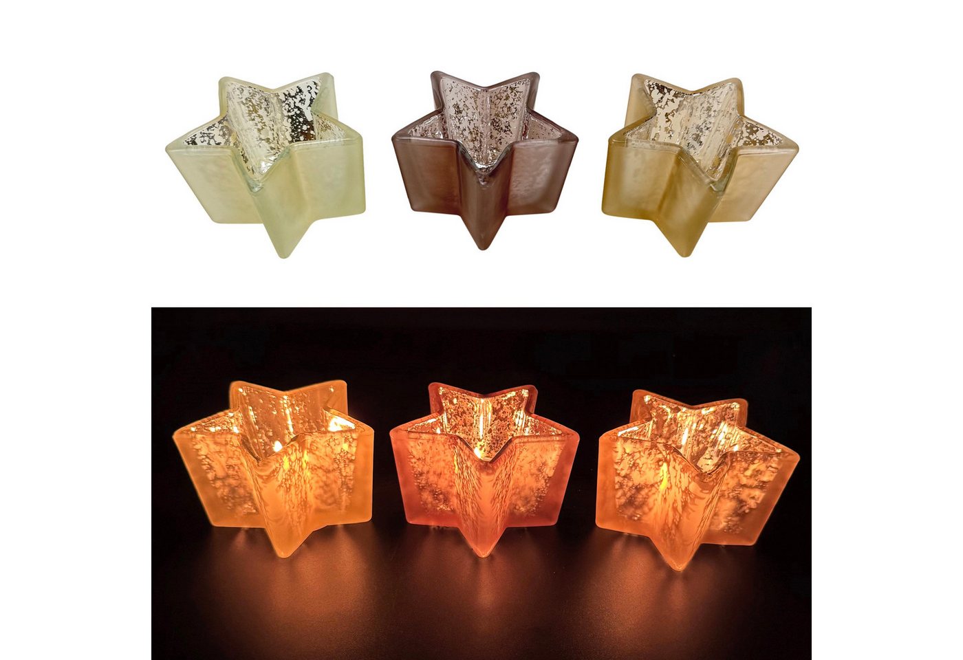 Online-Fuchs Teelichthalter Sterne - Kerzenständer aus Glas - Deko für Winter & Weihnachten (Tischdeko, mit gesprenkelter Innenfarbe), Kerzenhalter Set für 3 Teelichter von Online-Fuchs