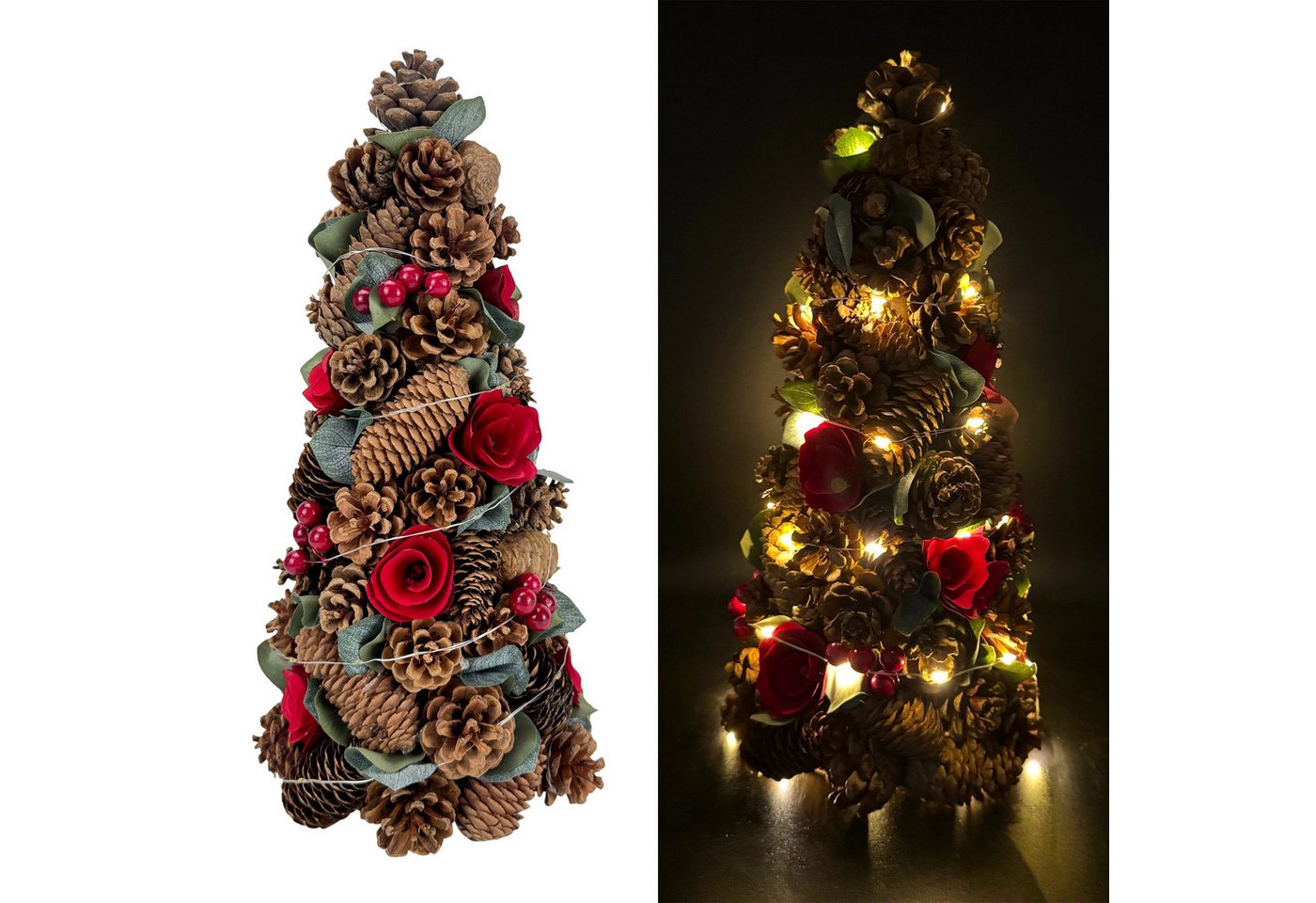Online-Fuchs Weihnachtsfigur Deko Weihnachtsbaum mit LED-Lichterkette, Tannenzapfen & Rosenblüten (38 cm groß, auch als Herbst- und Winterdeko), inklusive 6-Stunden Timerfunktion von Online-Fuchs