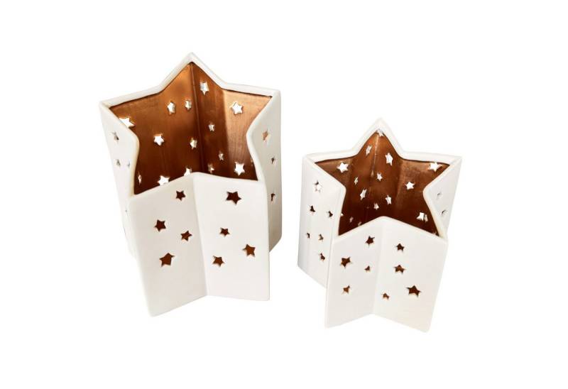 Online-Fuchs Windlicht 2er Set Kerzenhalter in Weiß und Kupfer für Weihnachten (Kerzenständer bis 17 cm groß, für Teelichter und Votivkerzen), Weihnachtsdeko in Sternenform von Online-Fuchs