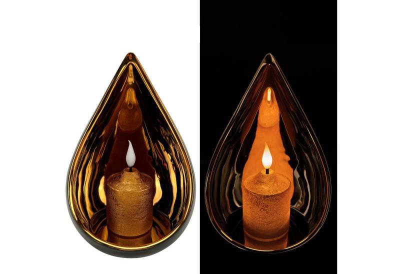 Online-Fuchs Windlicht - Kerzenhalter Tropfen mit LED-Kerze und 6-Stunden Timer (Schwarz, Gold oder Taubenblau, Silber, Kerze mit realistischer Flamme), glänzende Spiegeloptik von Online-Fuchs