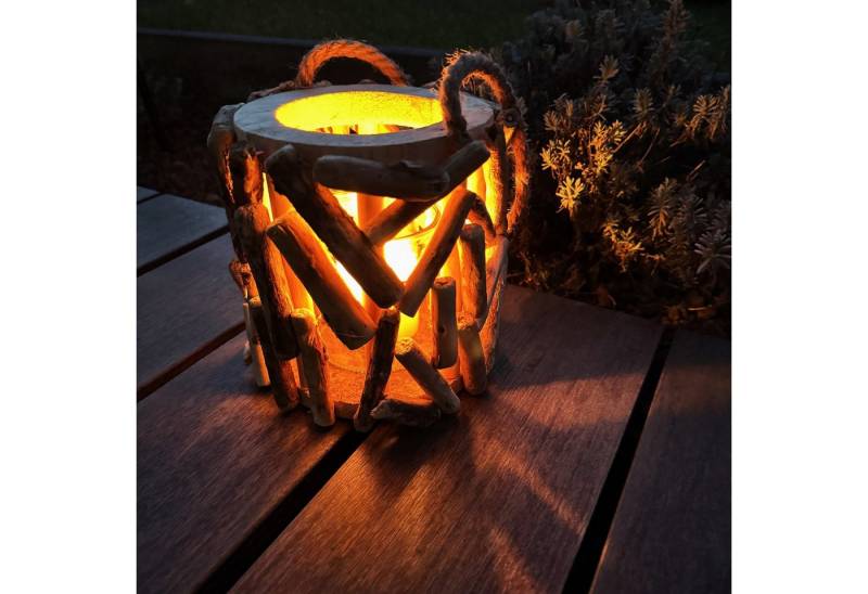 Online-Fuchs Windlicht - Laterne aus Treibholz mit Kerzenständer aus Glas (18 oder 29 cm groß, für Teelichter oder Stumpenkerzen), Deko für Wohnzimmer und geschützten Outdoor Bereich von Online-Fuchs
