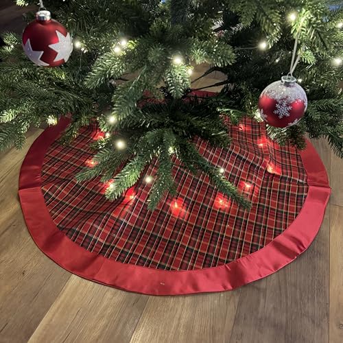 Weihnachtsbaumdecke rund mit LED-Beleuchtung inkl. 6-Stunden Timerfunktion - Weihnachtsbaumrock rot, grün kariert - Weihnachtsdeko von Online Fuchs