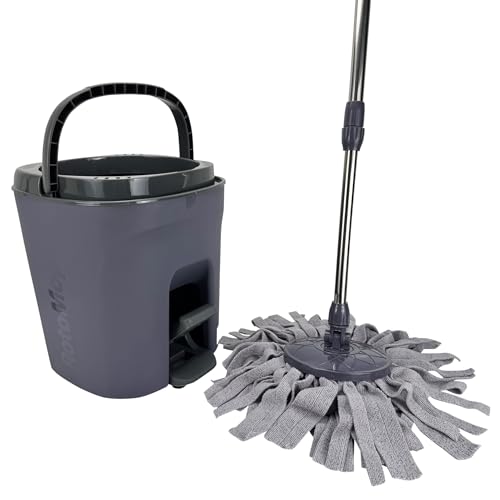 Wischmopp Set mit Eimer & Teleskopstiel in Grau - Bodenwischer mit Rotationskorb, Auswringfunktion - Roto Mop von Online Fuchs