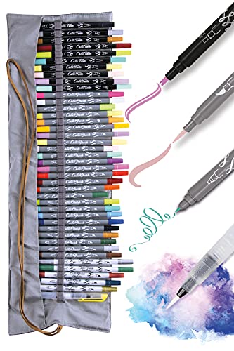 Online 40+1 Handlettering Set, bunte Calli.Brush & Calli.Twin Pinsel-Stifte, Waterbrush-Pen für Aquarell, Kalligrafie-Set in Roll-Pouch Geschenkverpackung, Bullet Journal Stifte von Online