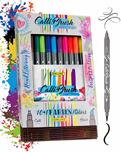ONLINE Brush-Pen Set Calli.Brush I 11 Double-Tip Pinselstifte mit Kalligrafie-Spitze & Pinselspitze I farbenfrohe Handlettering Stifte für Kalligraphie, Bullet Journals & Co. I in Bambus-Box von Online
