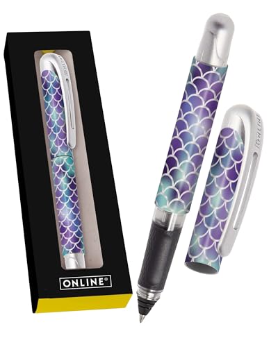 ONLINE College „Shiny Dreams“ Tintenroller mit Patrone I Ergonomischer Rollerball für Rechts- & Linkshänder im Mermaid-Design I Tintenroller Kinder 0.5 mm I inkl. blauer Kombipatrone I Made in Germany von Online