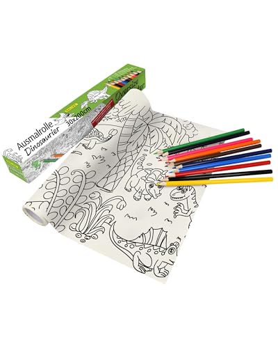 Online Buntstifte & Malrolle für Kinder zum Ausmalen I Selbstklebende 30 x 200 cm Zeichenrolle mit Dino-Motiv I leicht & ohne Rückstände ablösbar I ideal für Kindergeburtstage I inkl. 10 Buntstifte von Online