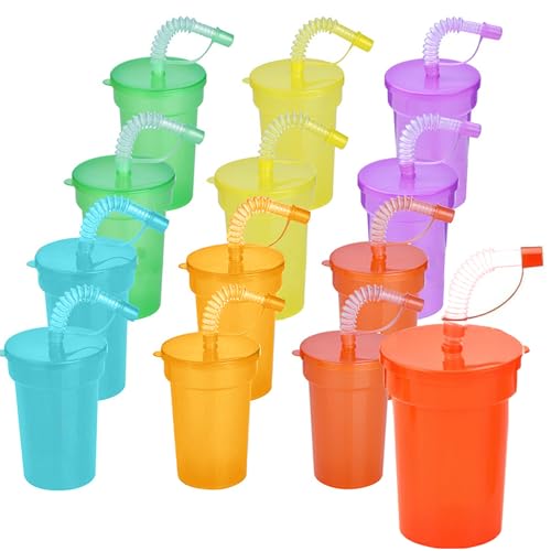 Onlvmyur 12 Stück Trinkbecher mit Strohhalm und Deckel Kinder Plastikbecher Wiederverwendbar Kinder Party Becher für Kinder Erwachsene Eiskaffee Kaltes Trinken Smoothie Saft (380 ML) von Onlvmyur