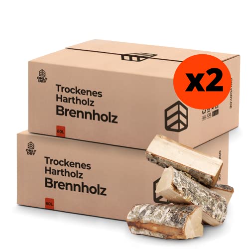 Onlydry Brennholz mit weniger als 18% Feuchtigkeit in 60L (25kg) Karton x 2 - Perfekt für Ofen, Feuerschale, Kamin, Kaminofen - Premium Qualität Kaminholz/Feuerholz mit Anzündset. von Onlydry