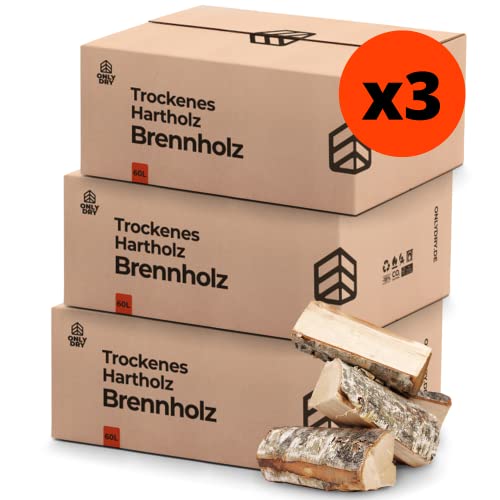 Onlydry Brennholz mit weniger als 18% Feuchtigkeit in 60L (25kg) Karton x 3 - Perfekt für Ofen, Feuerschale, Kamin, Kaminofen - Premium Qualität Kaminholz/Feuerholz mit Anzündset. von Onlydry