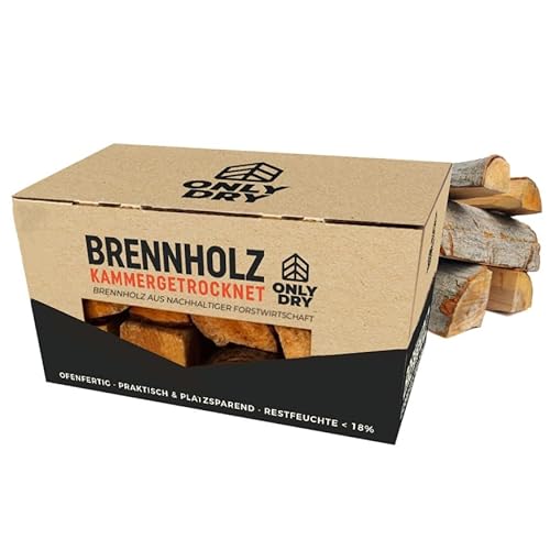 Onlydry Brennholz mit weniger als 18% Feuchtigkeit in 7,5kg Karton - Perfekt für Ofen, Feuerschale, Kamin, Kaminofen - Sauberes und trockenes Kaminholz/Feuerholz mit Anzündset von Onlydry