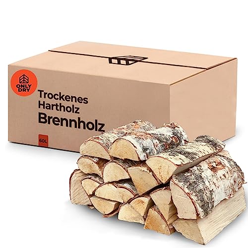 Onlydry Brennholz mit weniger als 18% Feuchtigkeit in 60L (25kg) Karton - Perfekt für Ofen, Feuerschale, Kamin, Kaminofen - Premium Qualität Kaminholz - Sauberes und trockenes Feuerholz mit Anzündset. von Onlydry