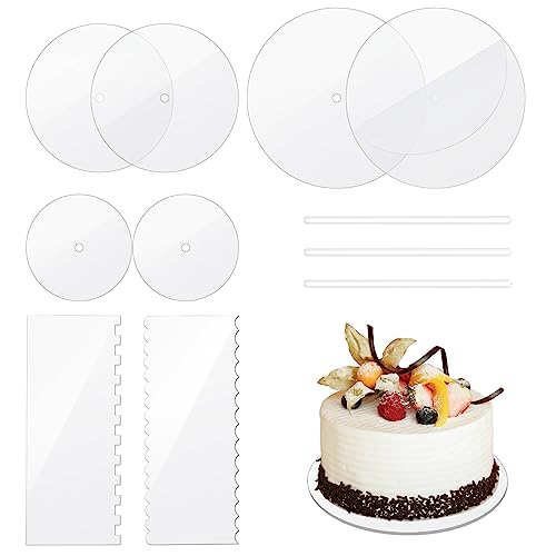 Onmancy Acryl Runde Kuchen Platten Set - Kuchen Scheiben Kreis Bretter mit Mittel Loch - 2 Kamm Schaber (4) & DüBel Stange von Onmancy