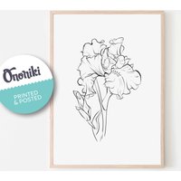 Handgemachte Iris Line Art Blume, Botanisch, Wandkunst, Geschenk, Tinte, Print & Posted von Ononiki
