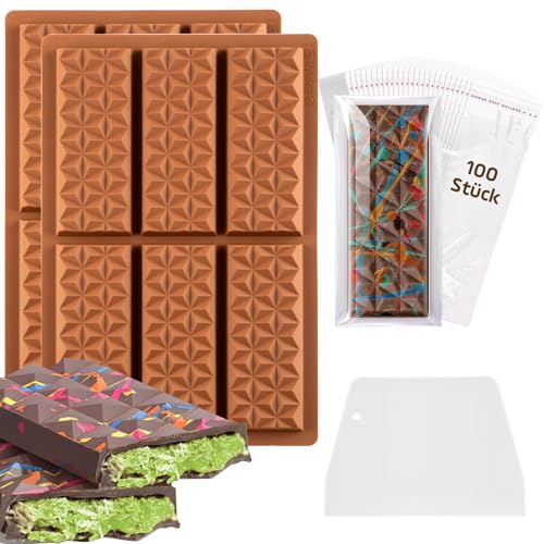 2PCS Schokoladenform Tief Silikonform Schokolade Schokoladenform Silikon BPA Free Antihaft Silikonform Schokoladentafel Chocolate Mold 6 Fächer mit 100 Passenden Schokoladen Tüten Schokoladenspachtel von Onperpoe