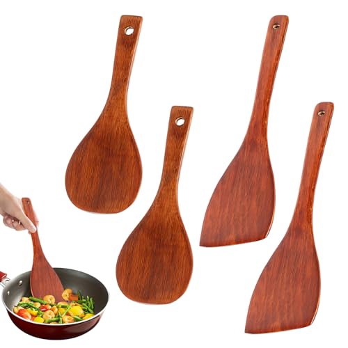 4 Stück Pfannenwender Holz Set Holzspatel Zum Kochen Holzlöffel Holzschaufel Griff Holzkochlöffel Holzschaber Küchenspatel mit Langem Griff Hitzebeständig Holzlöffel für Küche Restaurant Kochen von Onperpoe