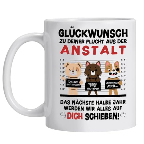 Abschiedsgeschenk Kollegen Tasse Personalisiert für Abschied Glückwunsch zu deiner Flucht Kaffeebecher 350ml Beidseitiger Druck Lustige Bürotasse zum Jobwechsel Keramik Tasse Abschied Kollege von Onperpoe