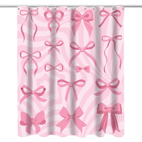 Duschvorhang 180x180cm Rosa Schleife Duschvorhänge Anti-schimmel Wasserdicht Schnelltrocknend Textil Polyester Waschbar Badewannenvorhang mit 12 Duschvorhangringe Duschvorhang Pink mit Gewicht Unten von Onperpoe
