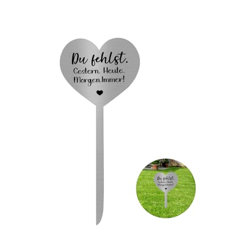Grabstecker Edelstahl Grabschmuck Herz mit Spruch Du Fehlst. Gestern. Heute. Morgen. Immer! Grabdekoration Wetterfest Persönliche Friedhof Grabdeko Grabgestecke Grabschmuck Wetterfest Urnengrab 28cm von Onperpoe