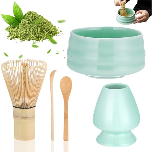 Matcha Set Natürlich Matcha Tee Set Matcha Besen Set mit Matcha-Schneebesen Besenhalter Matcha Schale aus Keramik 2 Teelöffel Schneebesen für Grünen Tee und Pulvergetränke Einfach zu Reinigen von Onperpoe