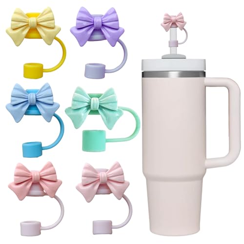 Onperpoe 6 Stück Niedliche Schleifen-Strohabdeckungen Kompatibel mit Stanley Trinkgläsern Wiederverwendbar Niedliche Silikon-Trinkhalm-Spitzen Deckel für 10 mm Stanley-Becher Strohhalm-Zubehör von Onperpoe