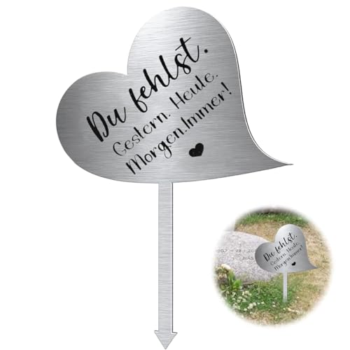 Onperpoe Grabstecker Edelstahl Grabschmuck Herz mit Spruch Du Fehlst. Gestern. Heute. Morgen. Immer! Grabdekoration Wetterfest Persönliche Friedhof Grabdeko Grabgestecke Grabschmuck 28×12 cm von Onperpoe