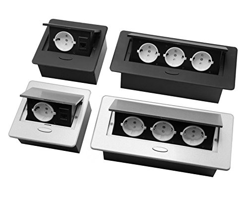 Onpira Einbausteckdose 1-Fach inkl. Ethernet + 3-Fach Tischsteckdose (Aluminium, Schwarz) von ONPIRA