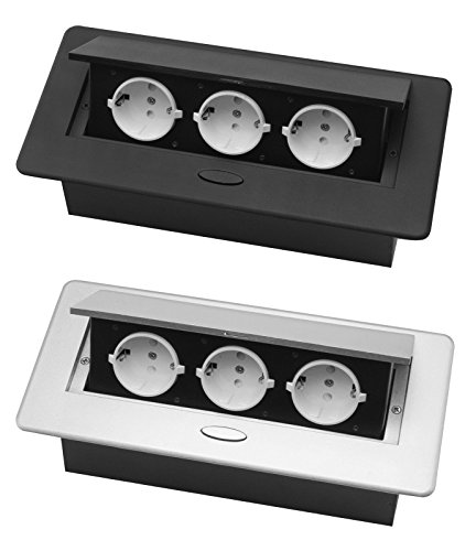 Einbausteckdose 1-Fach inkl. Ethernet + 3- Fach Tischsteckdose Bodensteckdose (3-Fach, Silber) von ONPIRA