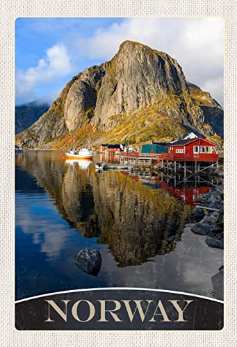 Ontrada Blechschild 20x30cm gewölbt Norwegen Europa See Häuser Boote Trip Deko Geschenk Schild von Ontrada