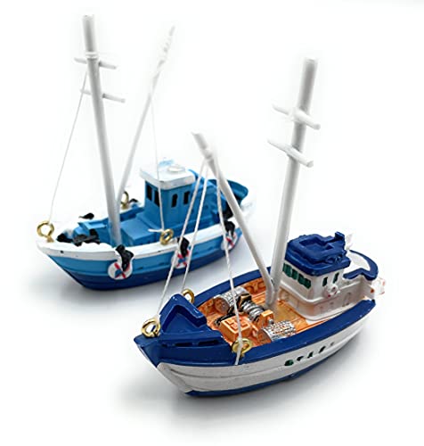 Onwomania Polyresin Figur Fischerboote zweifach Fischerboot Kutter Tier Dekofigur aus Polyresin Blau 7,5 cm von Onwomania