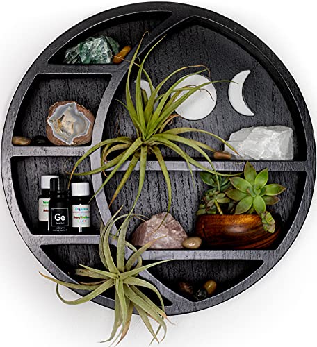 Onyx Haus Halbmond Regal für Kristalle Stein, ätherisches Öl, kleine Pflanze und Kunst - Wand, Zimmer, Gothic Hexe Dekor Phase Rustikale Boho Regale Holz Hängende Schweberegale Schwarz von Onyx Haus